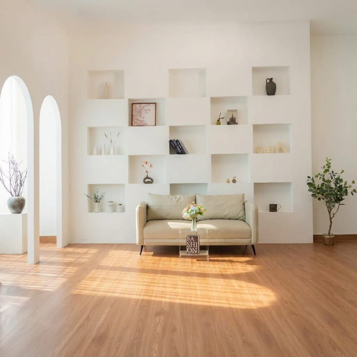 Room B - Vách hộc vuông âm tường và sofa thư giãn